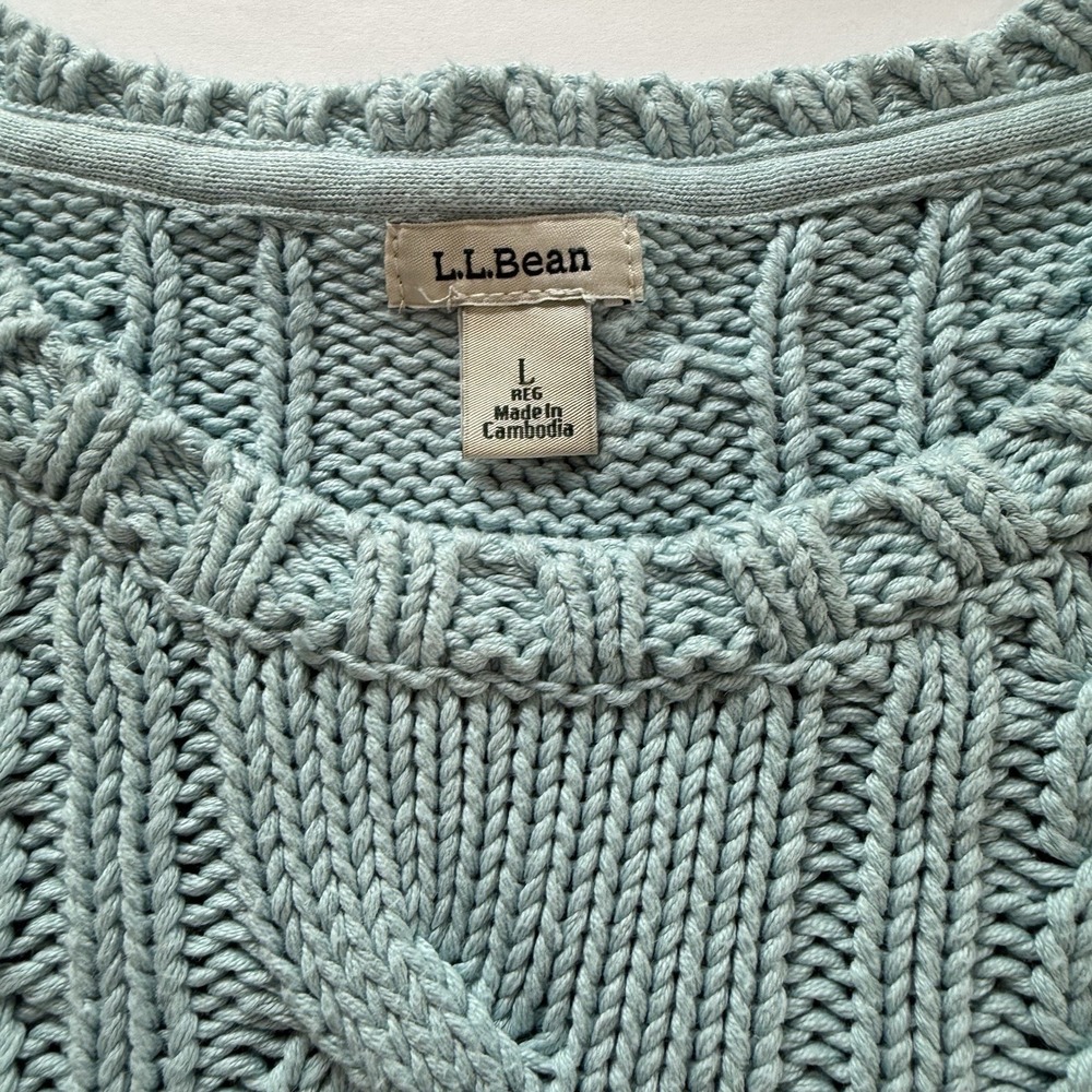 LL Bean Aqua Blue Double L Mixed Cable Crew Neck Pullover Sweater Size LARGE - Picture 8 of 9